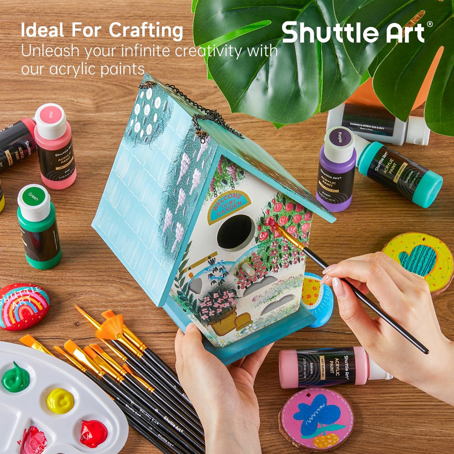72 Pack Acrylic Paint Set, Shuttle Art 60 Colors Acrylic Paint Including Extra White Black & 12 Brushes, 2oz/60ml, Rich Pigmented, Water Proof, Ideal for Artists, Beginners on Canvas Rock Wood Ceramic