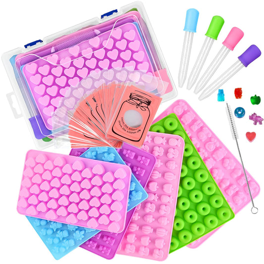 JOERSH Gummy Bear Molds Silicone 62PCS Set, Nonstick Candy Mold 18 Shapes for 327 Candies Including Dinosaur Fruit Animals Shaped, With 4 Droppers, Clean Brush, Storage Box, 50 Wrappers