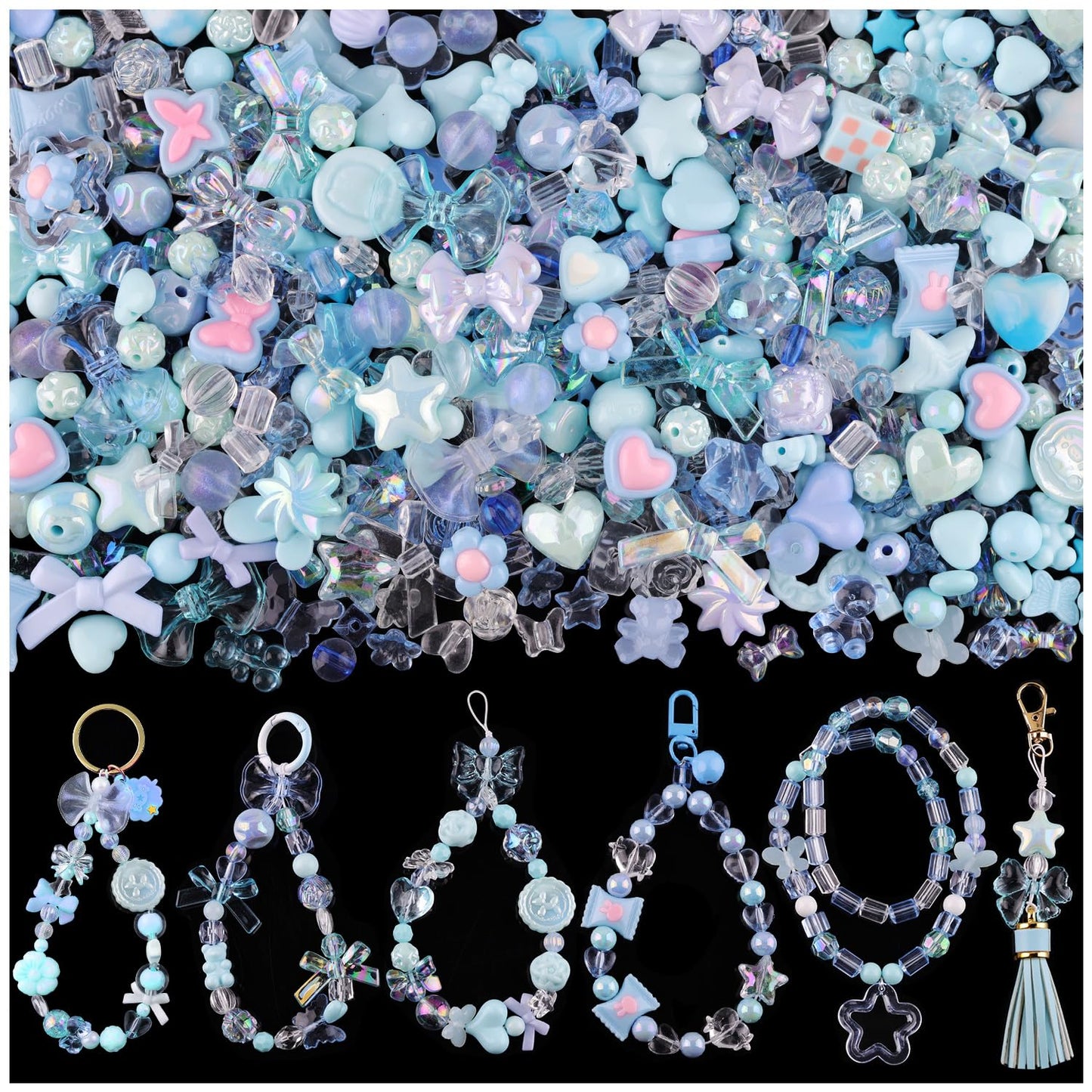 TINKRSTUFF Assorted 170-230PCS Blue Acrylic Beads for Bracelet Making, Flower Bow Butterfly Candy GummyBear Aesthetic Bracelet Charms,Cute Beads for Jewelry Making DIY Necklace Keychain Phone Charm