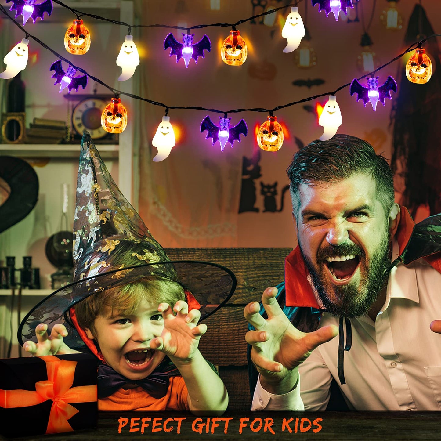 Mosoan Halloween String Lights Battery Operated 20 Feet 30 LED 3D Pumpkin Bat Ghost Lights with Timer - 8 Light Modes Halloween Decorations Lights Indoor Outdoor Cute Halloween Party Decor (Upgrade)