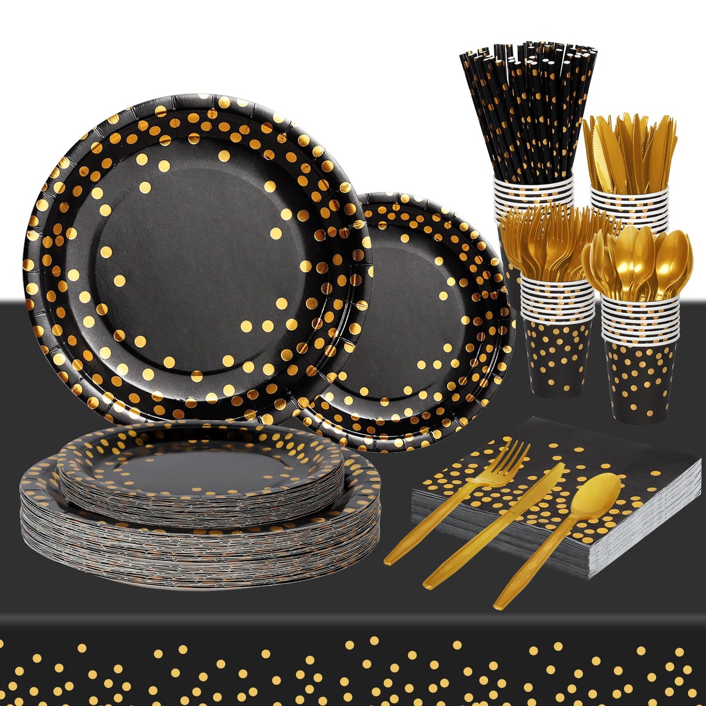 Nkaiso Paper Plates and Napkins Set, 193 Pieces Black Gold Party Supplies Includes Paper Plates Cups Napkins Straws and Cutlery for Birthday Wedding Holidays Parties Decorations-24 Guests