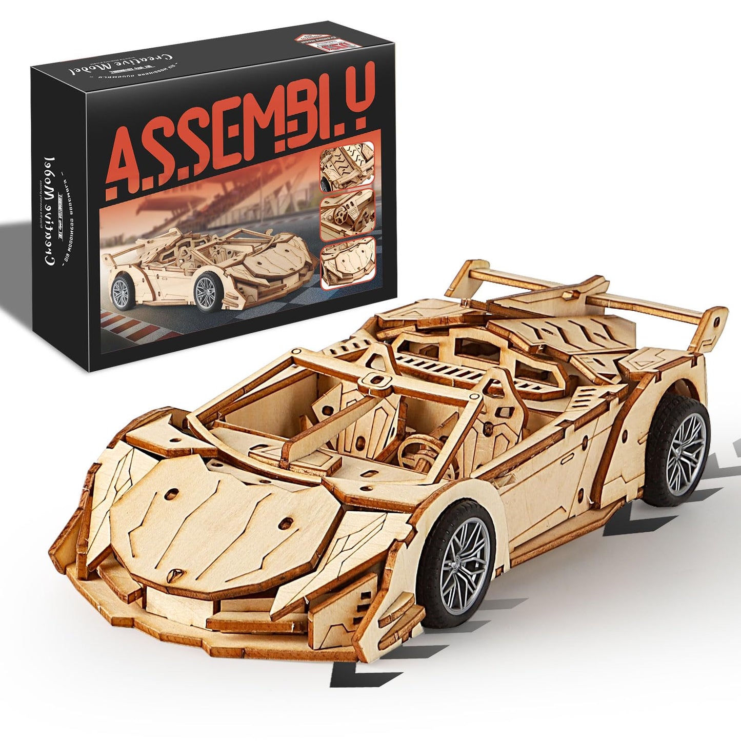 MOCBURIKU 3D Wooden Puzzles for Adults Roadster, Mechanical Wood Sport Car Model Kits for Adult to Build, DIY Assembly Building Toys with Pull Back Function, 119pcs Wood Craft Hobby Gift for Men Teens