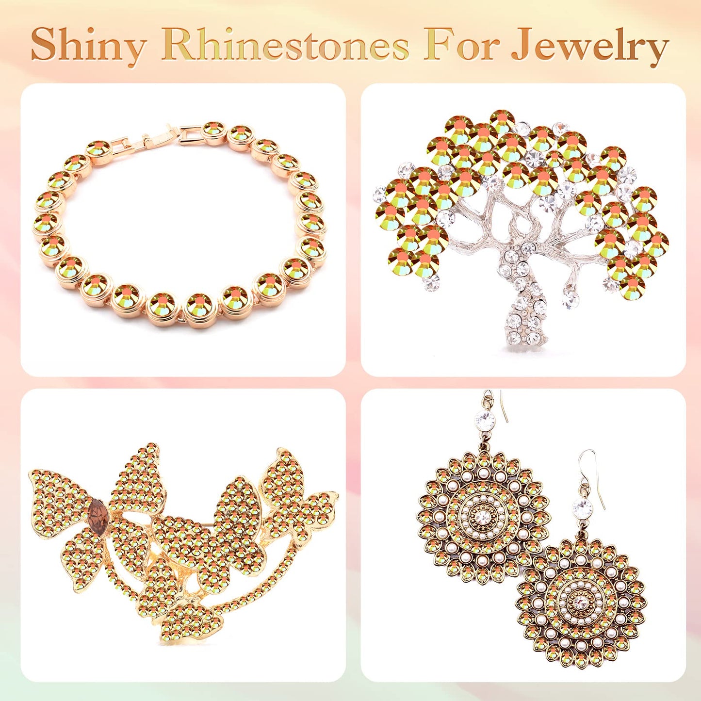 TecUnite 2000 Pieces Flat Back Gems Rhinestones 6 Sizes (1.5-6 Mm) Round Crystal Rhinestones with Tools for Crafts Nail Clothes Shoes Bags DIY Art (Metallic Sunshine)