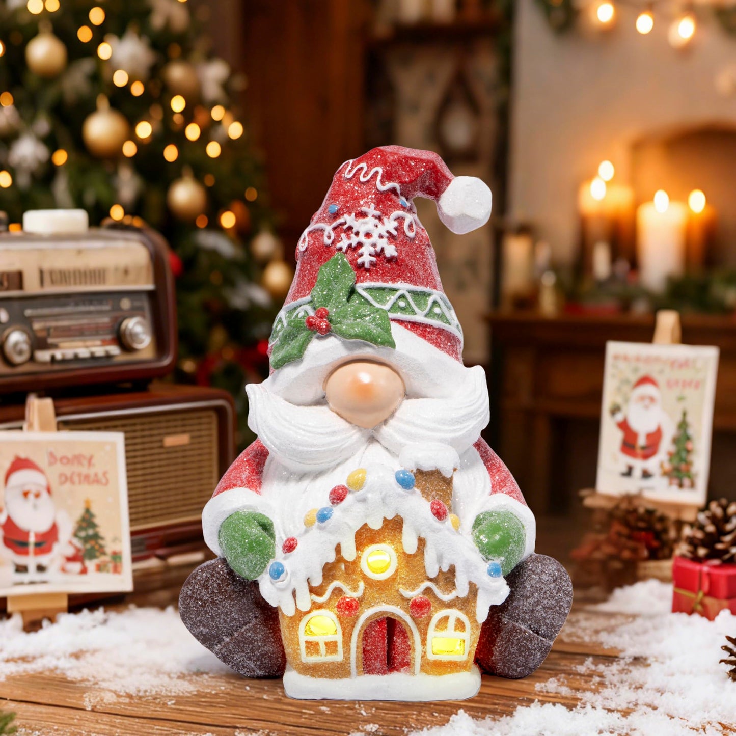 Christmas Gnome Figurine with Gingerbread House | Holiday Elf Decoration with Santa Beard, Snowflake Hat – Christmas Tabletop Ornament for Home, Fireplace Mantel & Holiday Decor