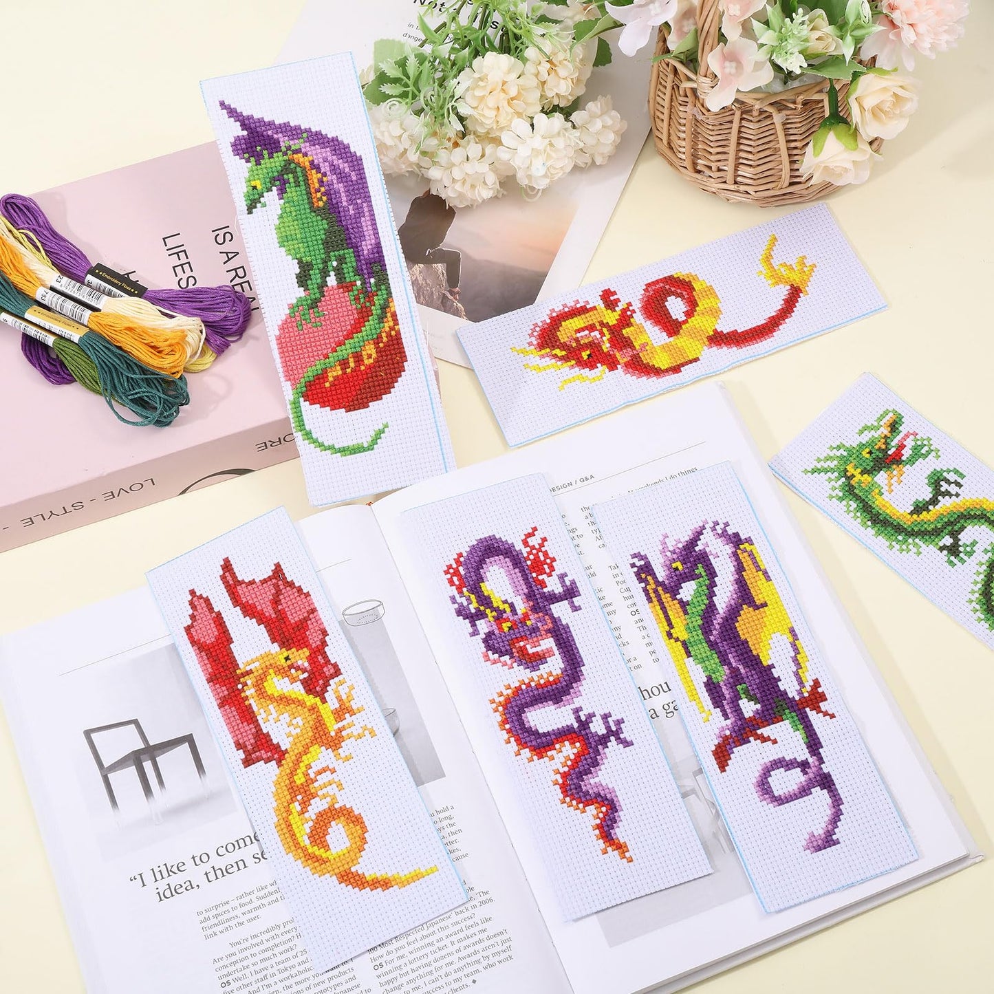 6 Pcs Cross Stitch Bookmark Kit for Beginner Dragon Pattern Stamped Embroidery Stitch Kits for Starter DIY Bookmarks Printed Cross Stitch Kits with 13 Colors Embroidery Floss