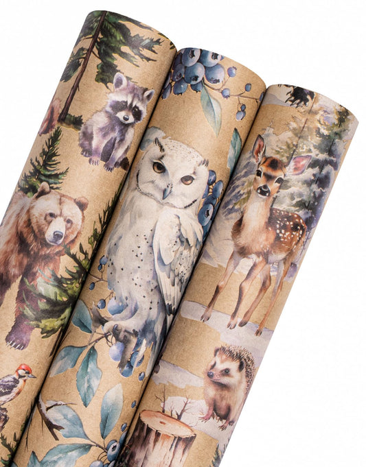Kraft Christmas Wrapping Paper Roll - Mini Roll - 3 Rolls - 17 Inch x 120 Inch Per Roll - Wild Animals Winterfall Watercolor Holiday Collection