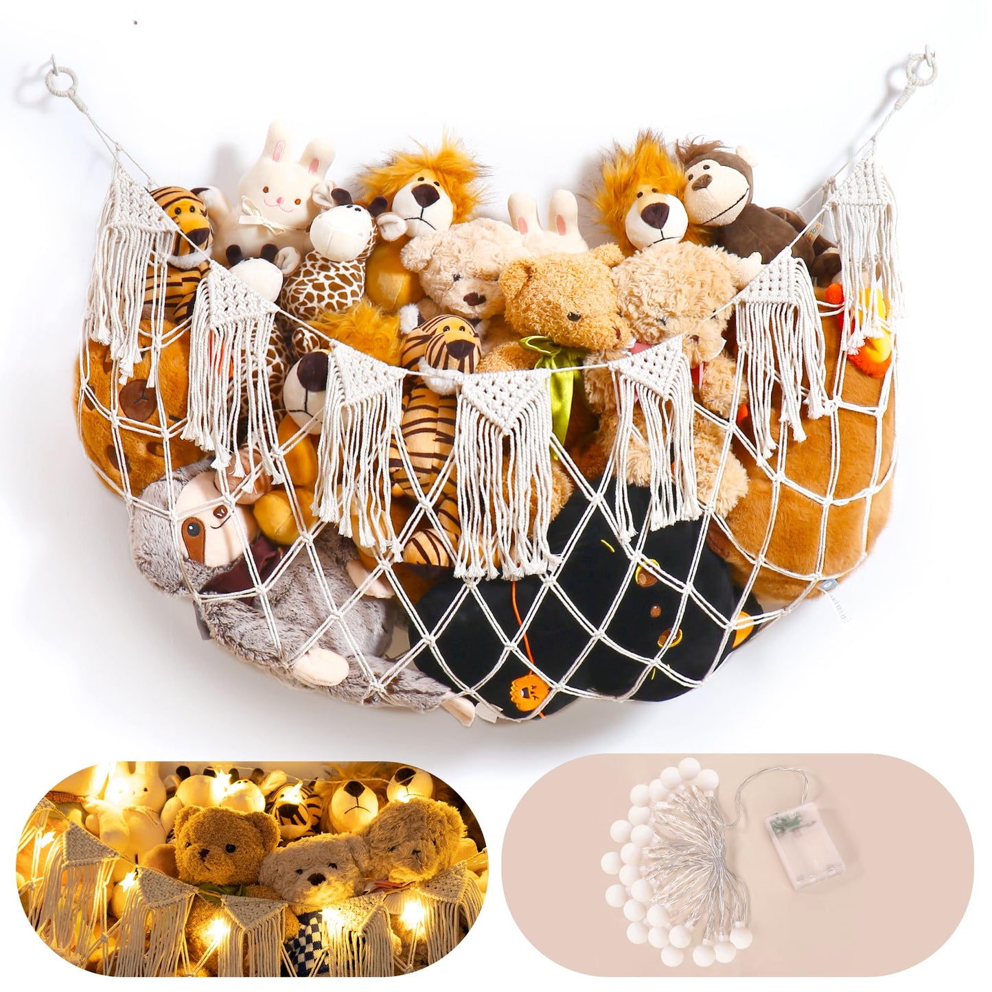 Stuffed Animal Storage Hammock with Lights- Boho Wall Hanging Plushie Net for Stuff Aanimal Organizer and Teddy Bear Storage, Small Toy Hammock for Kids Bedrooms Playroom Nursery(White Small)