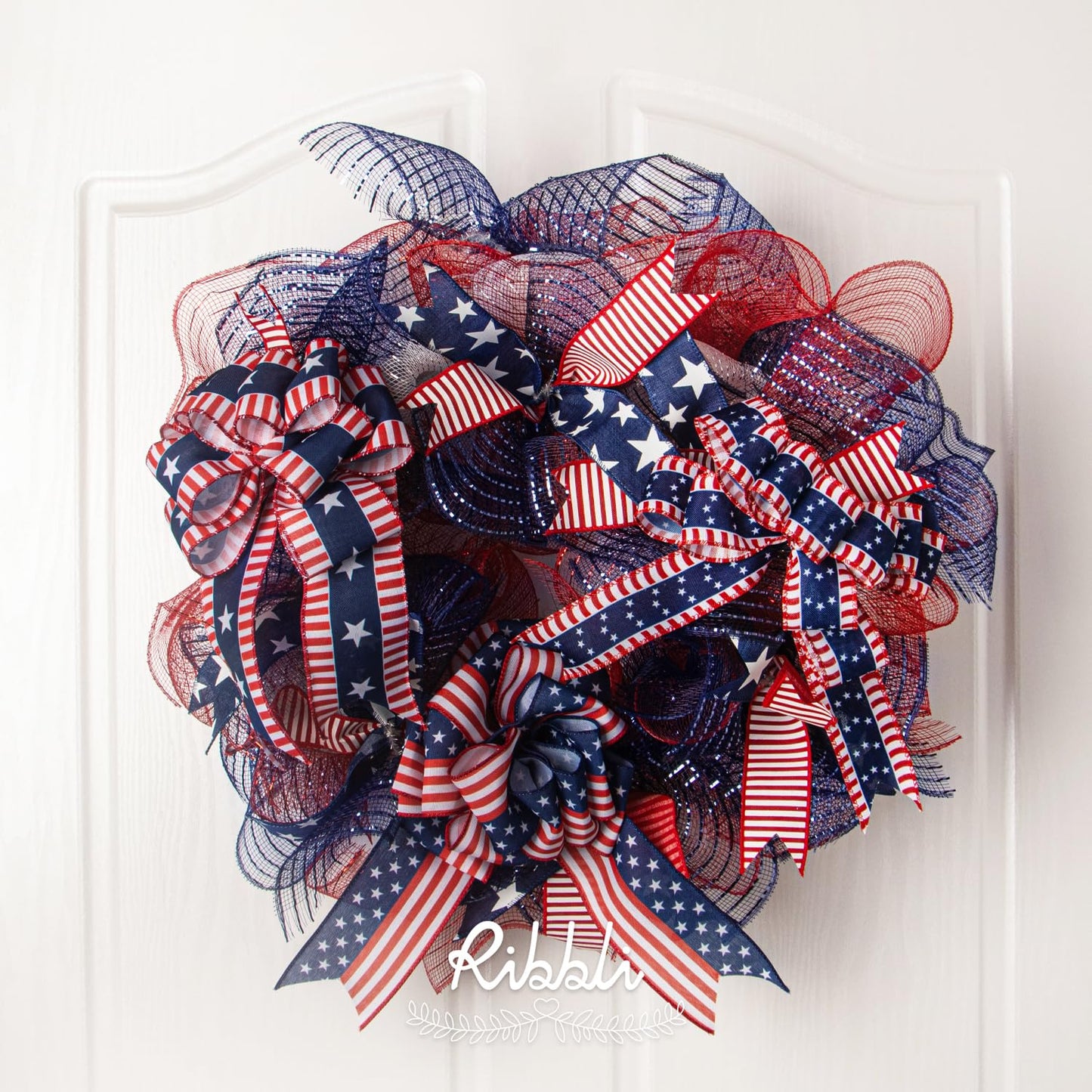 Ribbli Patriotic Ribbon, Stars and Stripes Wired, 1-1/2 Inch x 10 Yard, Red/White/Navy, Canvas for Bows, Wreaths, Trees