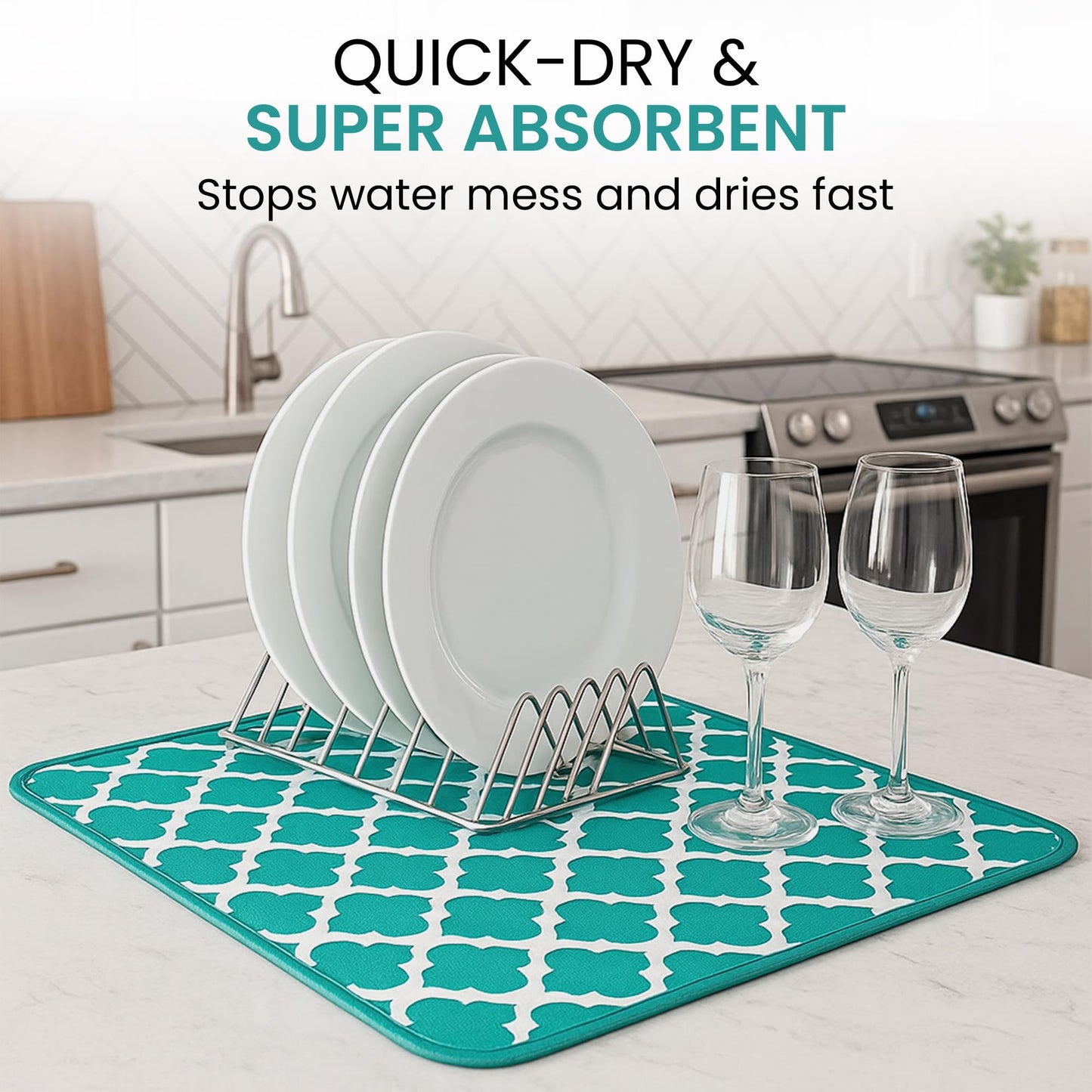 Dish Drying Mat - Microfiber Kitchen Counter Mat, Super Absorbent & Quick Dry Dish Drying Pad for Dishes, Utensils, Pots & Pans - Large Reversible Drying Mat for Kitchen Countertops, Coffee Bar, Green