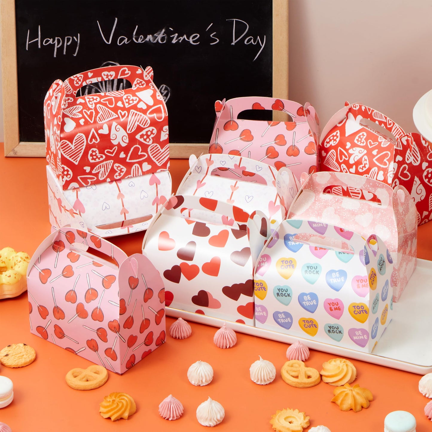 24 Pcs Valentine’s Day Gift Treat Boxes, Cookie Boxes with Colorful Heart shaped Design for Kids Party Favor, Classroom Exchange Prizes, Valentines Candy Boxes