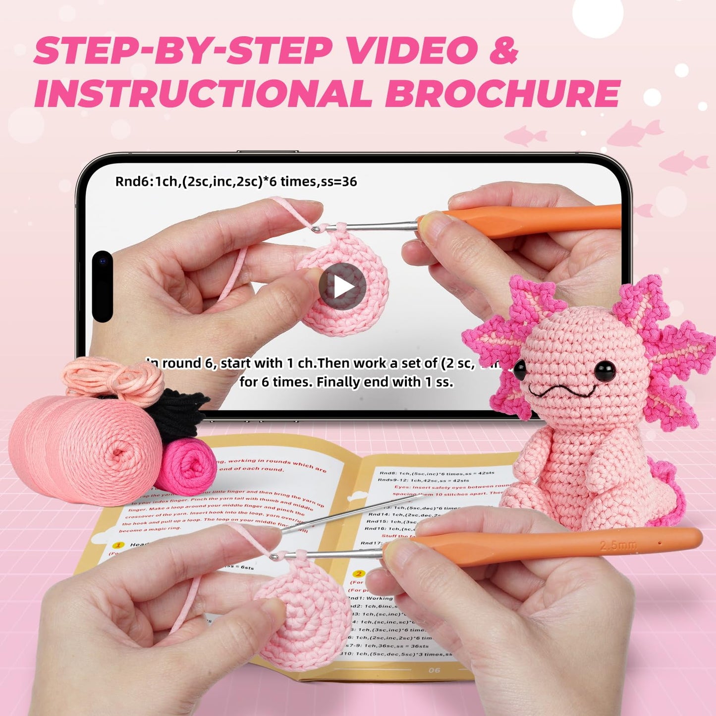Crochet Kit for Beginners, Crochet Animal Kits, Amigurumi Crocheting Kit for Starters with Step-by-Step Video Tutorials, Beginner Crochet Kit for Adults (Axolotl 1Pack)