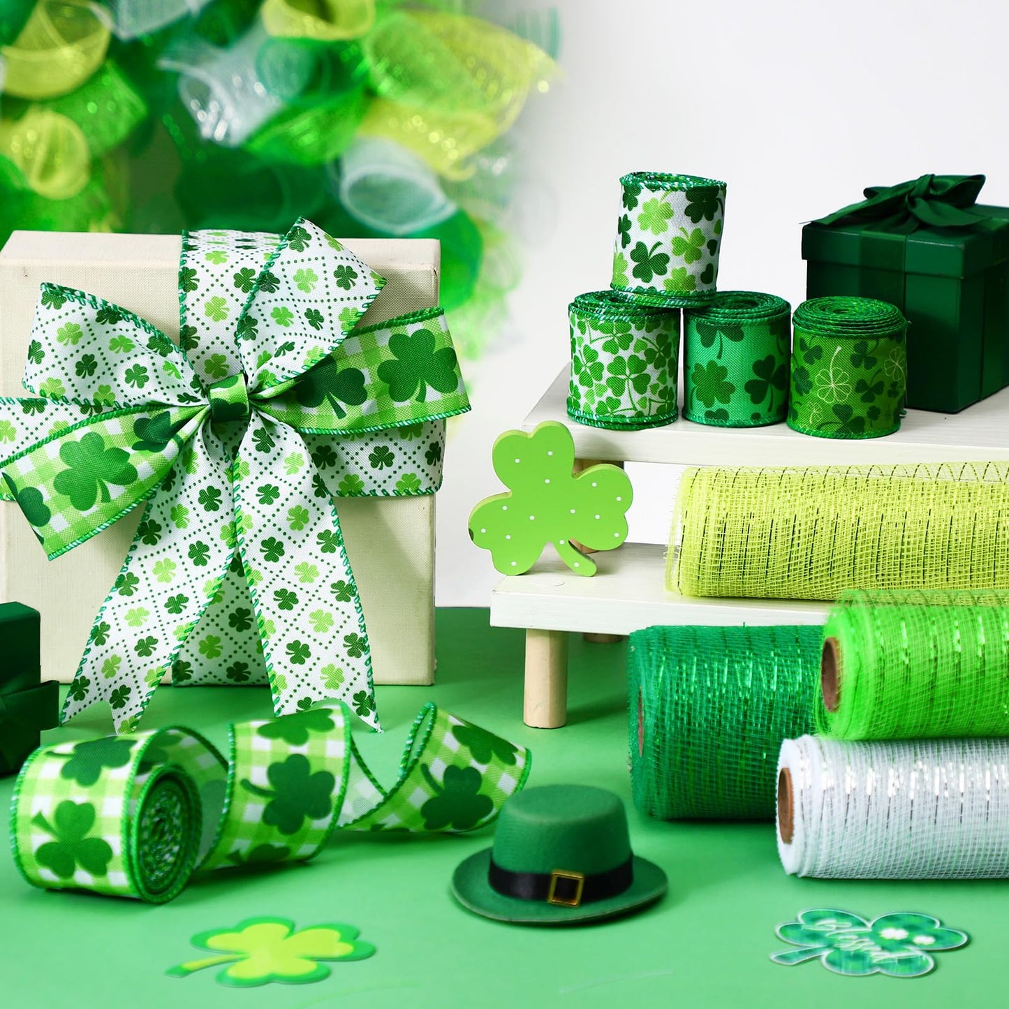 10 Rolls St. Patrick's Day Ribbon 4 Rolls Mesh Ribbon 6 Rolls Shamrock Wired Edge Irish Metallic Mesh Wreath Gift Wrapping for St. Patrick's Day Party Decorative DIY Craft