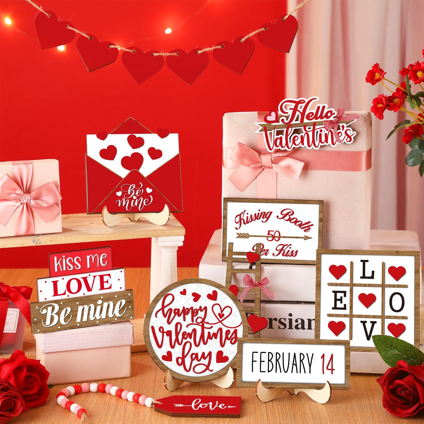 15 Pcs Valentine's Day Tiered Tray Decor Set Farmhouse Wood Valentine's Day Table Decorations Tabletop Rustic Wooden Red Love Heart Be Mine Kiss Me Table Signs for Wedding Party Gift