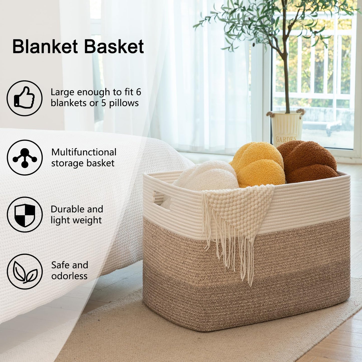 OIAHOMY 108L Super Large Blanket Basket, 25”x16”x16”(108L) Rectangle Woven Baskets for Storage, Cotton Rope Basket For Living Room, Toy Storage with Handle- Gradient Brown