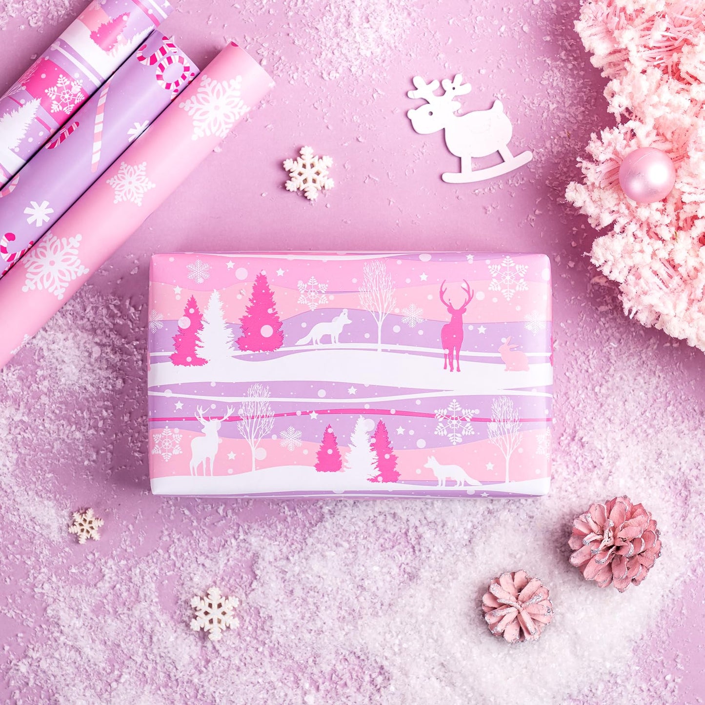 Christmas Wrapping Paper Roll - Mini Roll - 3 Rolls - 17 Inch X 120 Inch Per Roll - Pastel Pink and Purple Reindeer, Candy Cane with JOY, Snowflake Holiday Collection