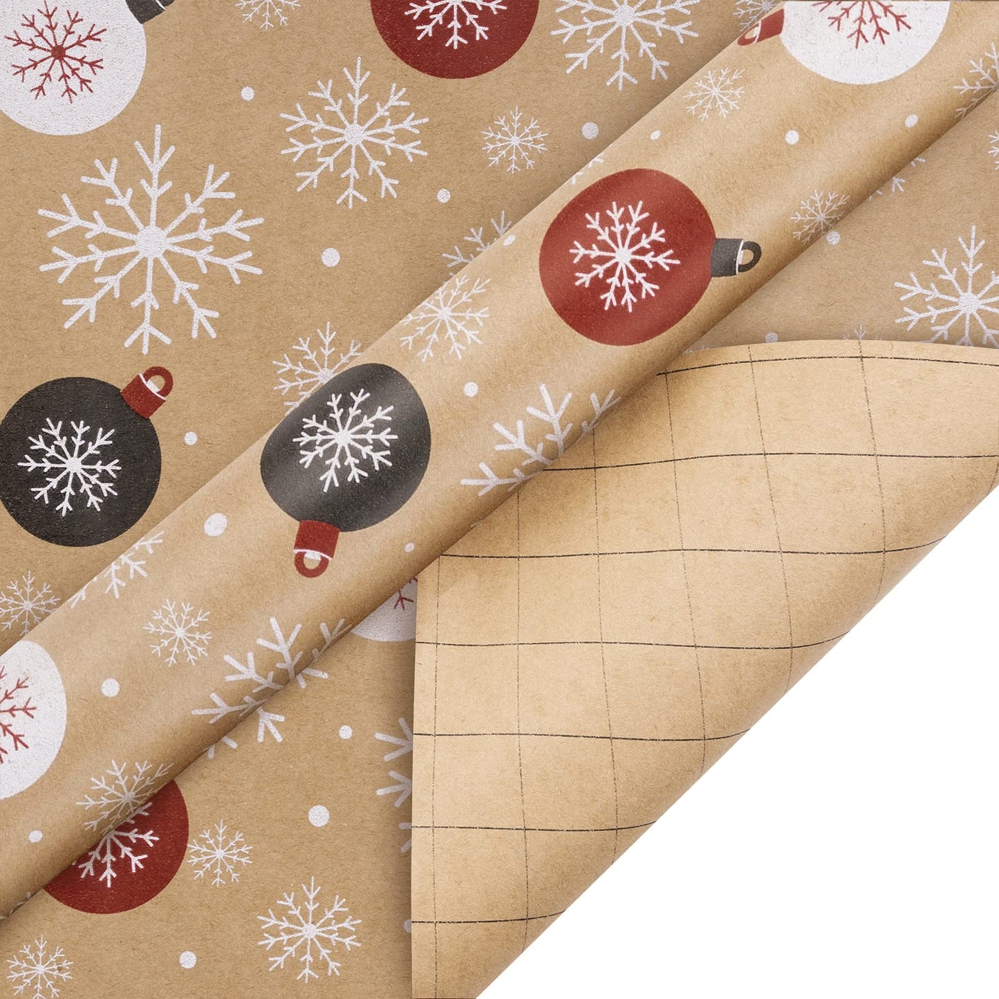 Christmas Wrapping Paper, Kraft Paper - Santa Claus, Snowflake, Christmas Ball and Merry Christmas - 4 Rolls - 30 inches x 10 feet per Roll