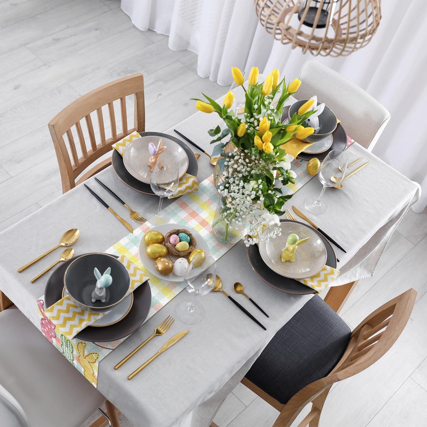 Buffalo Plaid Rabbit Bunny Happy Easter Table Runner, Easter Decorations, 13x72 Inch Check Stripes Kitchen Table Decor, Spring Kitchen Dining Table Decoration for Home Party Decor