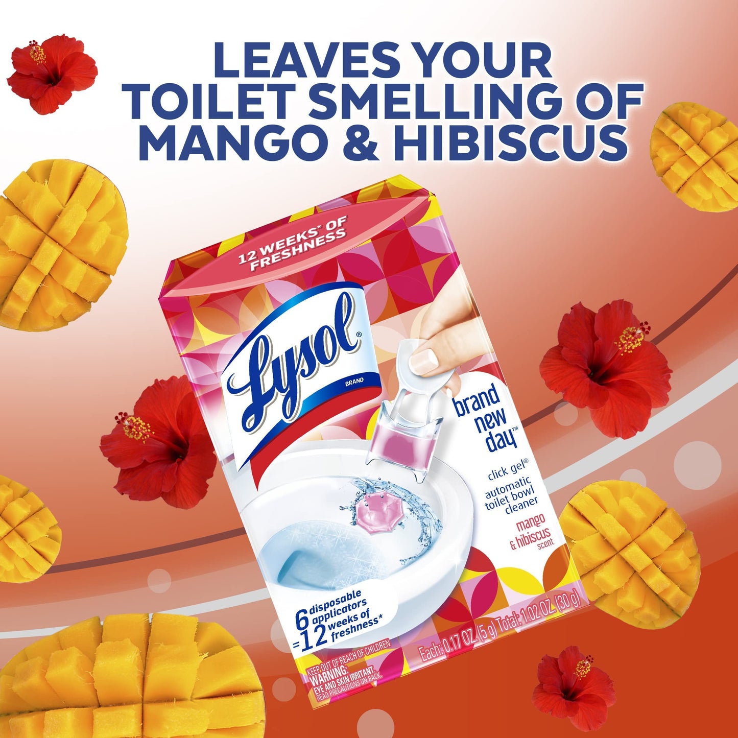 Lysol Click Gel Automatic Toilet Bowl Cleaner, Gel Toilet Bowl Cleaner, For Cleaning and Refreshing, Mango & Hibiscus, 6 applicators.