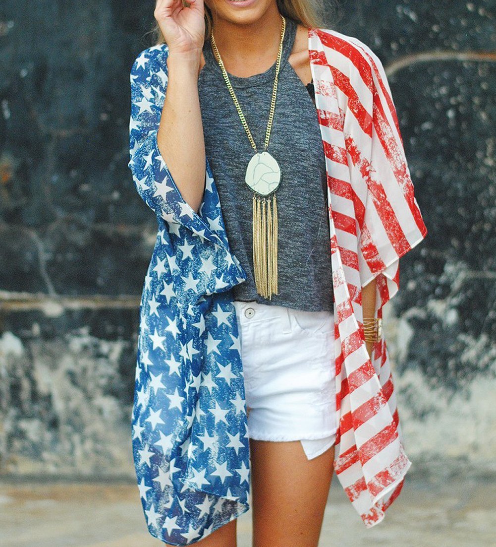 Askwind 4th of July Women's American Flag Print Kimono Cover Up Tops Shirt (A1)