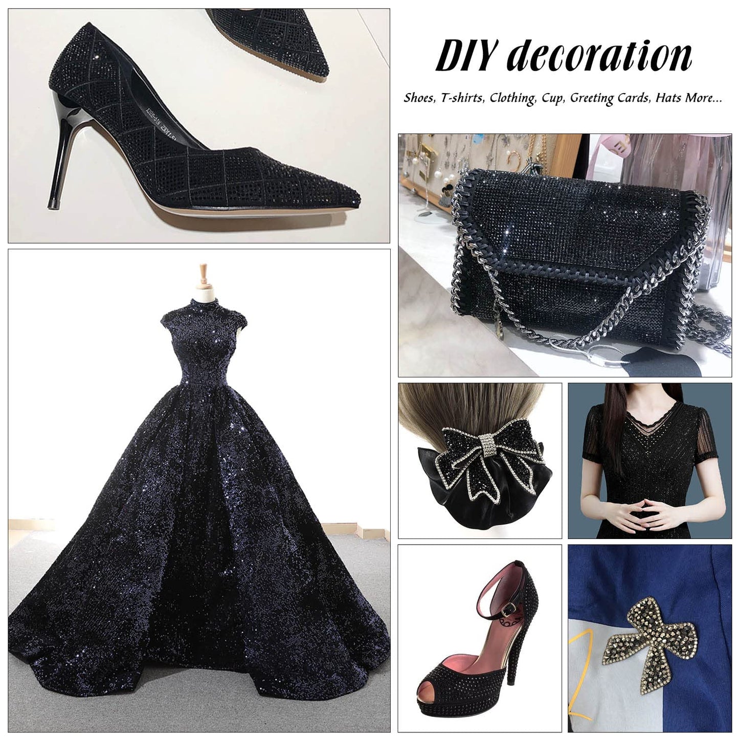 MEIBITE 6796PCS Black Hotfix Rhinestones Crystal Stones Glass for Fabric Clothes Shirts Sparkly Flat Back Round with Tweezers and Picking Pen (SS6~SS30 Set)