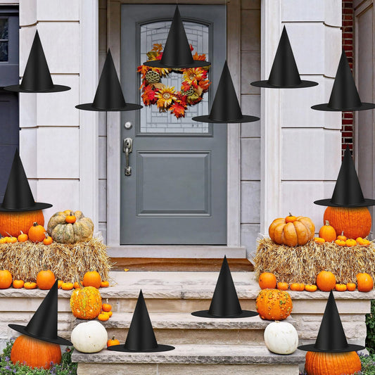 12pcs Halloween Black Witch Hats Decorations, Thickened Hanging Wizard Hats Bulk Costume Accessory, Floating Witch Hat with Rope and Hooks for Porch Yard Indoor Outdoor Halloween Decor Party Favors