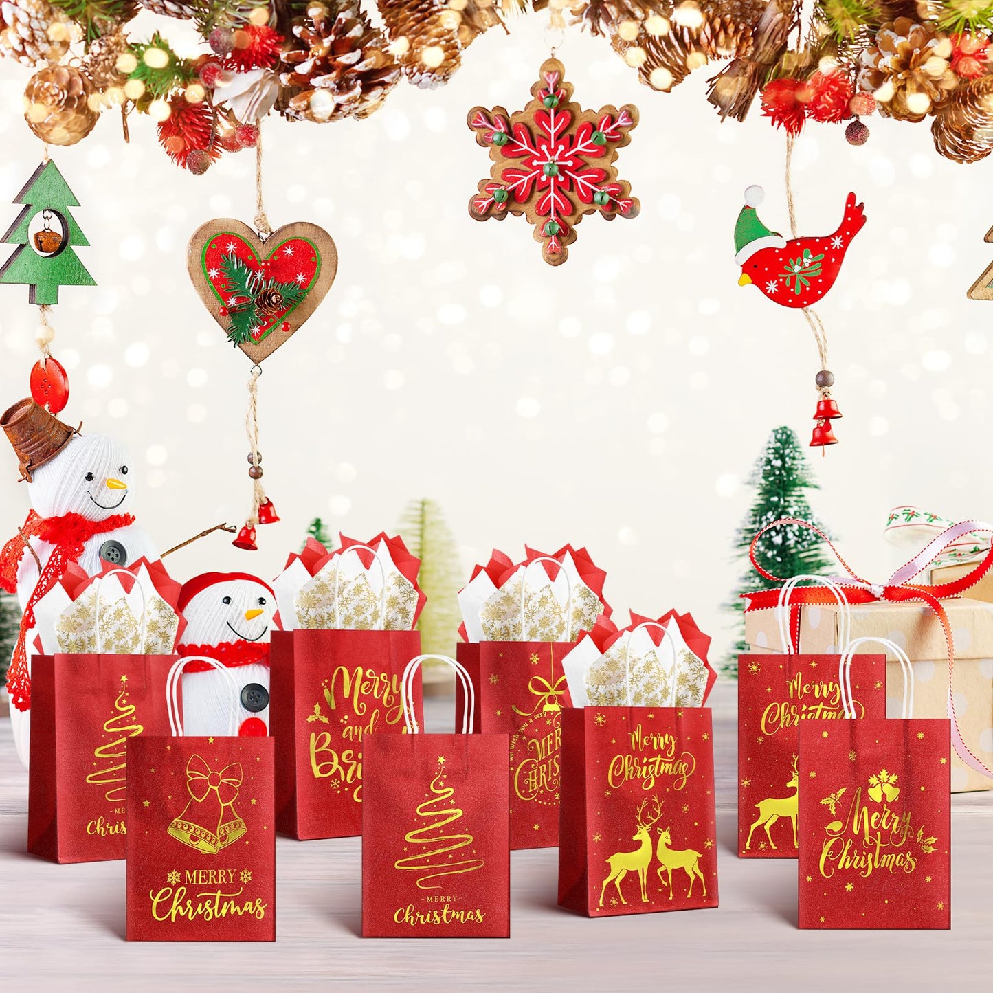 24 Pcs Christmas Gift Bags, Red Glitter Christmas Bags for Gifts with Tissue Paper, 6 Styles Red and Gold Foil Paper Goodie Bag with Handles, Bulk Xmas Holiday Reusable Party Favor Treat Bag