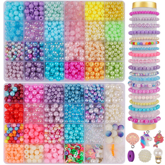 XSEINO Pearl Beads，1800PCS 8mm and 6mm，32 Colors Multicolor Pearl Beads Loose Pearls for Crafts with Holes for Jewelry Making, Small Pearl Filler Beads for Crafting Bracelet Necklace Earrings