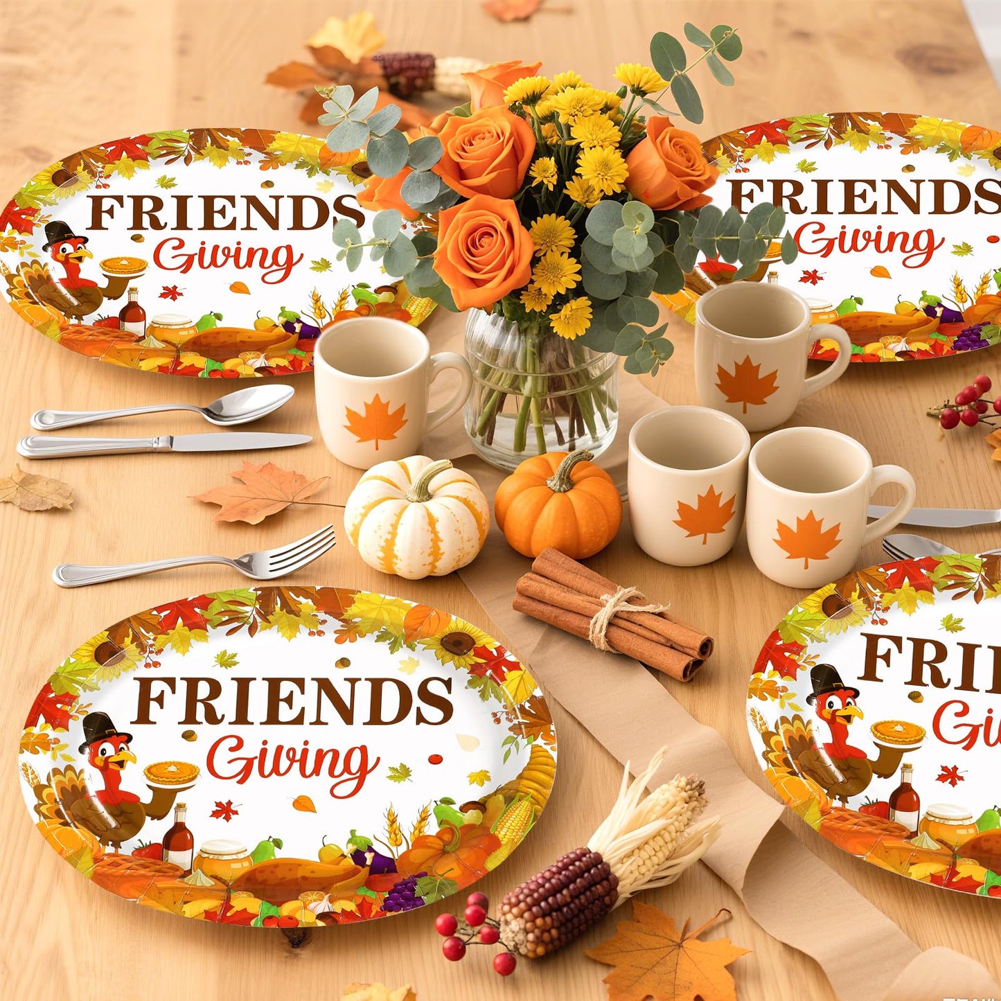 50Pcs Friendsgiving Oval Plates 10"x12" Large Fall Thanksgiving Turkey Paper Plates Disposable Heavy Duty Turkey Harvest Pumpkin Dinner Platter for Autumn Fall Friendsgiving Friends Thanks Party Decor