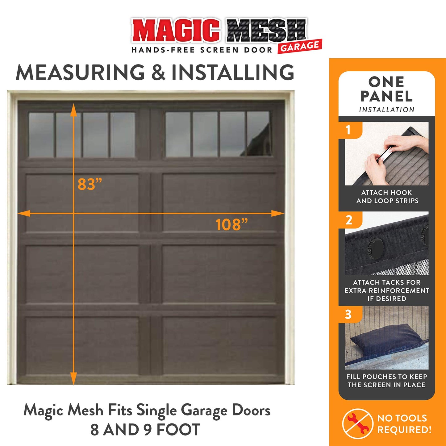 Magic Mesh Garage- Hands Free Magnetic Screen Door, Fits Single Garage Doors- 8 & 9 Foot