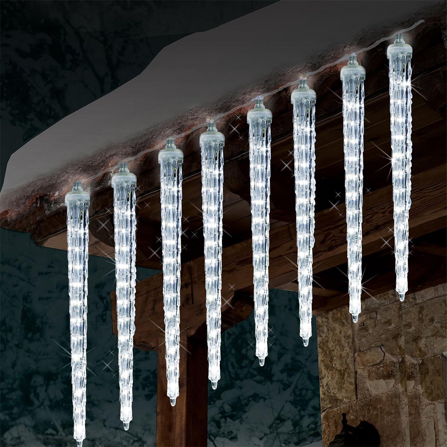 16 Icicles Meteor Shower Lights, 12" Outdoor Icicle Christmas Lights 384 SMD LED Crystal Ice Falling Light, Connectable Raindrop Iciclelight, Xmas Winter Party Tree Holiday Decor, White