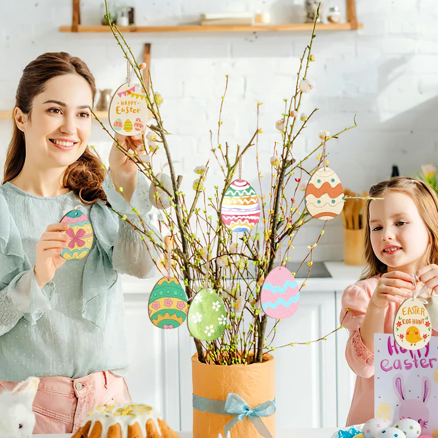 Wooden Egg Ornaments to Paint Easter Decoration Cutouts Unfinished 24PCS 3.5 x 3 inches, DIY Blank Unfinished Wood Discs Ornament for Home Crafts Hanging Spring St. Patrick Day Decoration