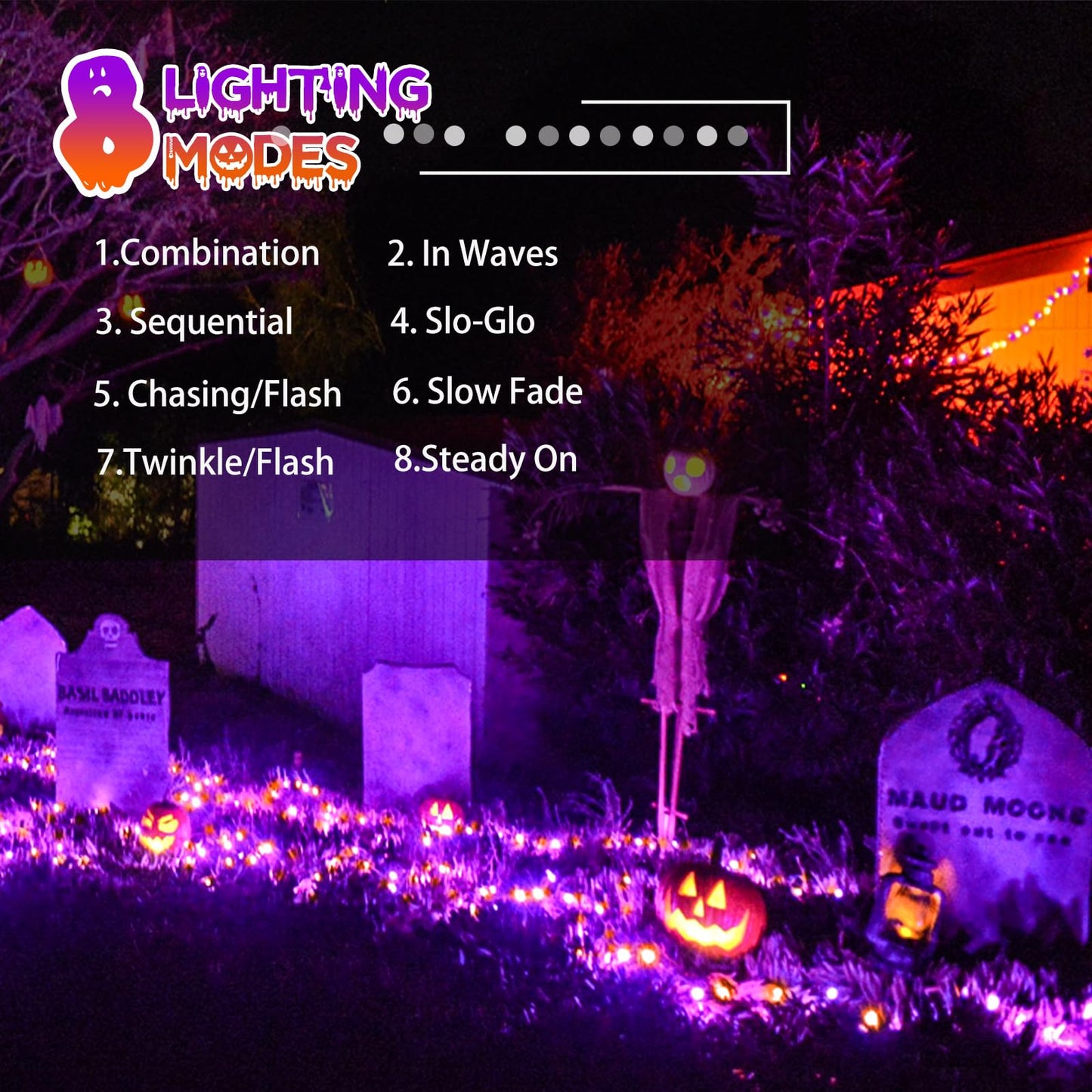 4 Pack Solar Halloween Lights Outdoor Waterproof, 180FT LED String Lights With Black Wire, 8 Modes Fairy Twinkle Lights for Tree Bush Garden Horror Party Decorations - Orange and Purple