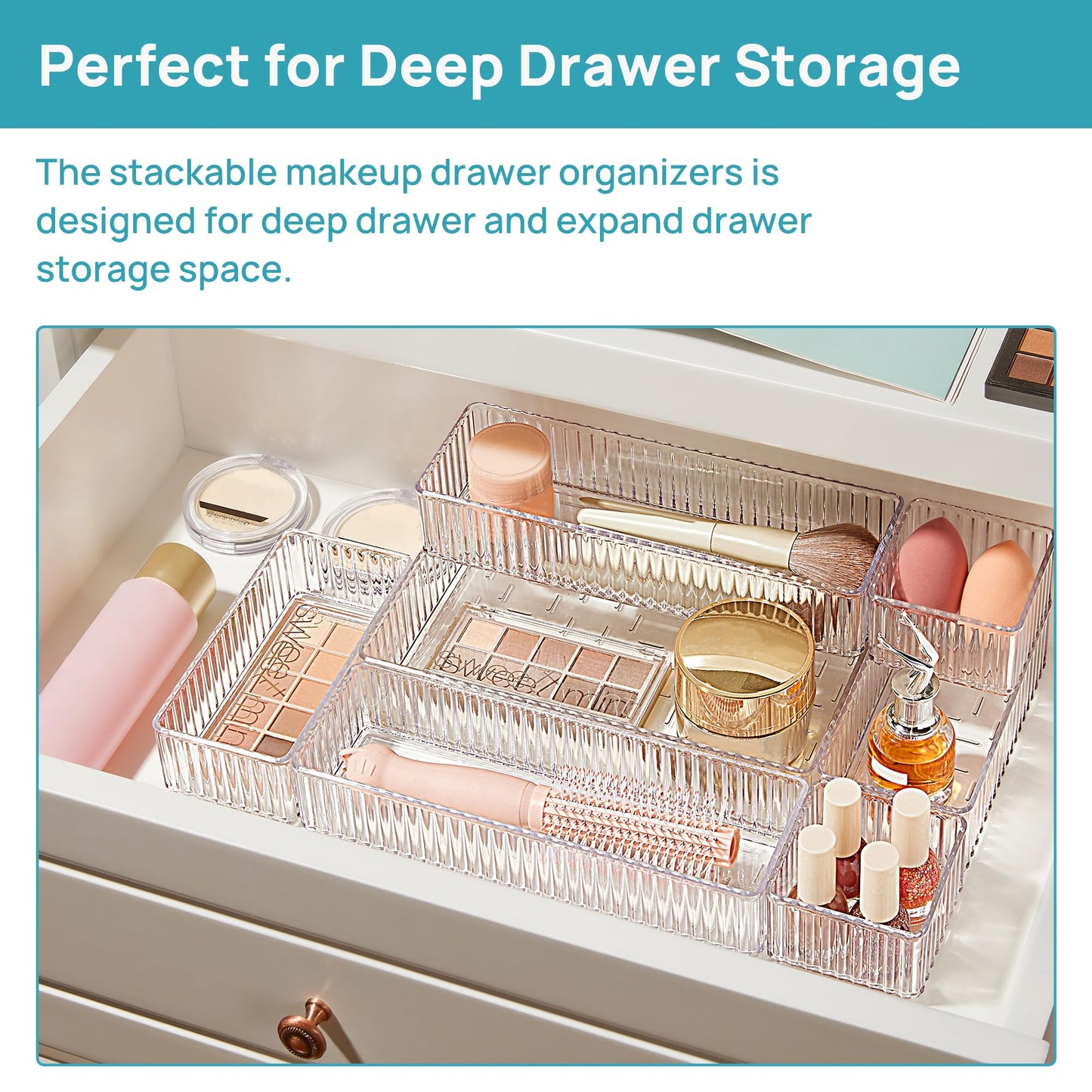 7 PCS Clear Drawer Organizers Bins, 4-Size Stackable Makeup and Vanity Drawer Organizer Trays, Acrylic Bathroom Drawer Storage Containers for Cosmetic, Office Supply, Kitchen Utensils Gadgets