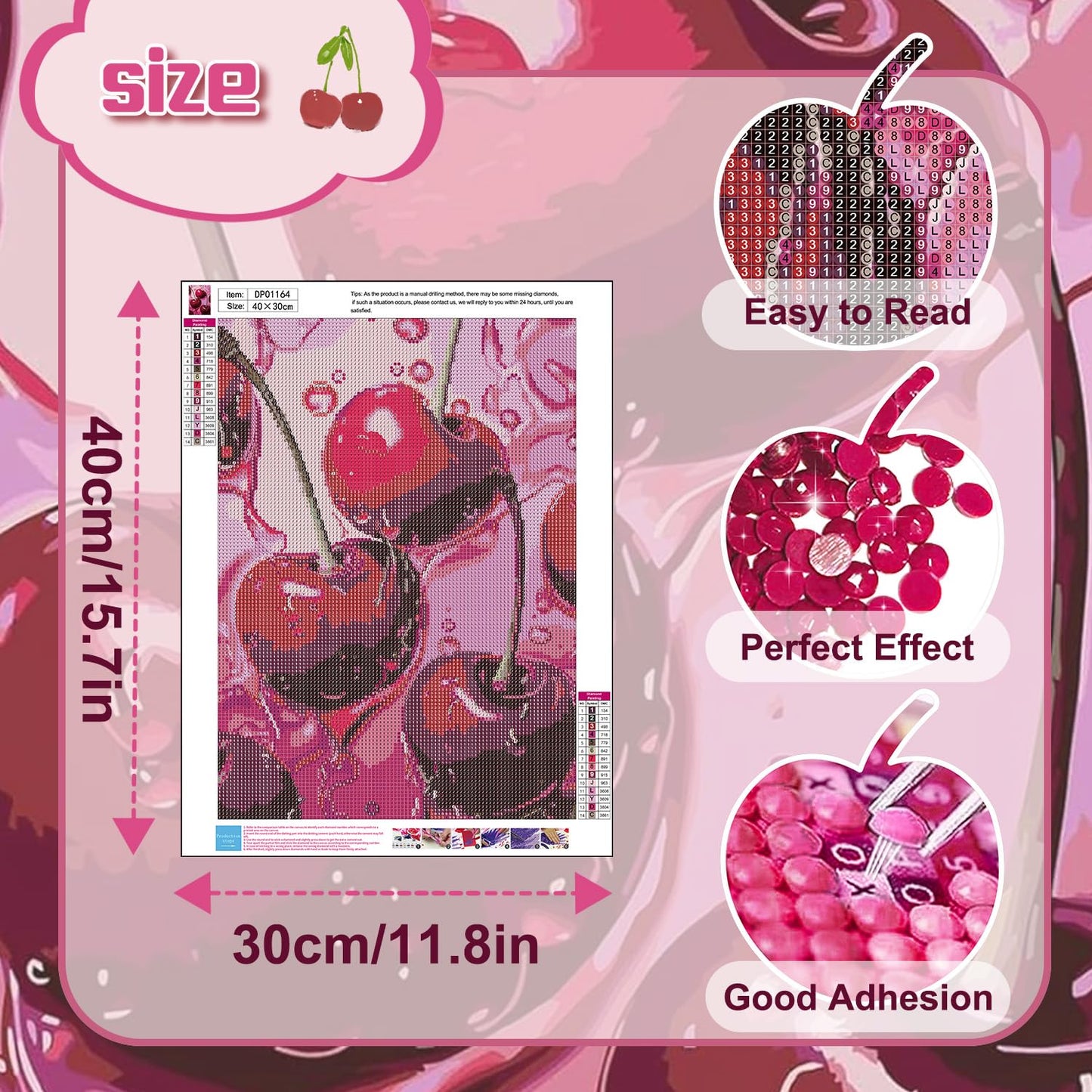 AIBOERL Cherry Diamond Art Kits for Adults,Cherry 5D Diamond Painting Kits for Adults Beginners,DIY Full Round Drill Diamond Dot Painting Gem Art Kits for Adult, Home Wall Decor 12x16Inch