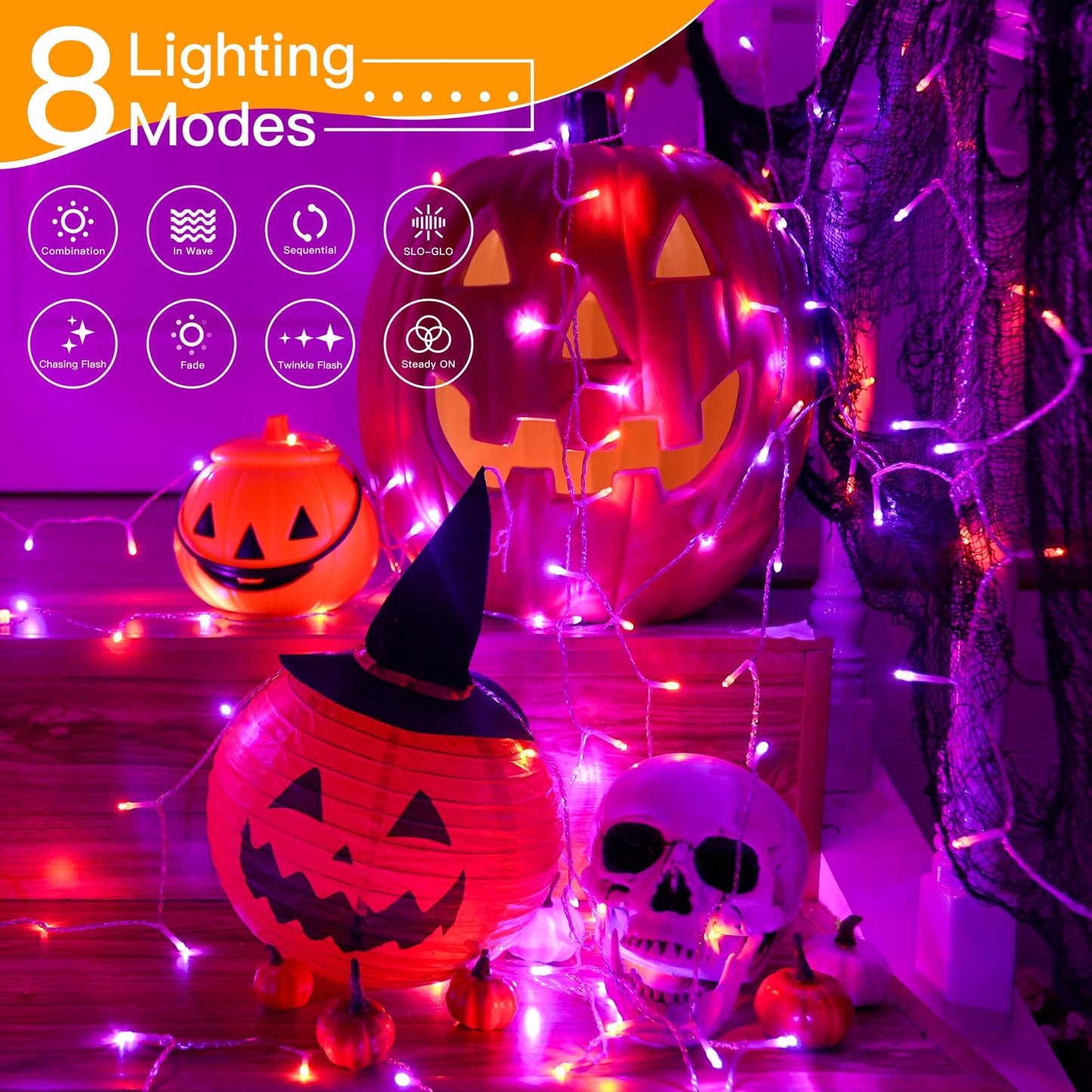 shineshine Halloween Lights Outdoor 49FT 150 LED, Connectable Waterproof Orange and Purple Halloween Light, 8 Modes Timer Plug in LED String Lights for Indoor Outside Yard Halloween Decorations