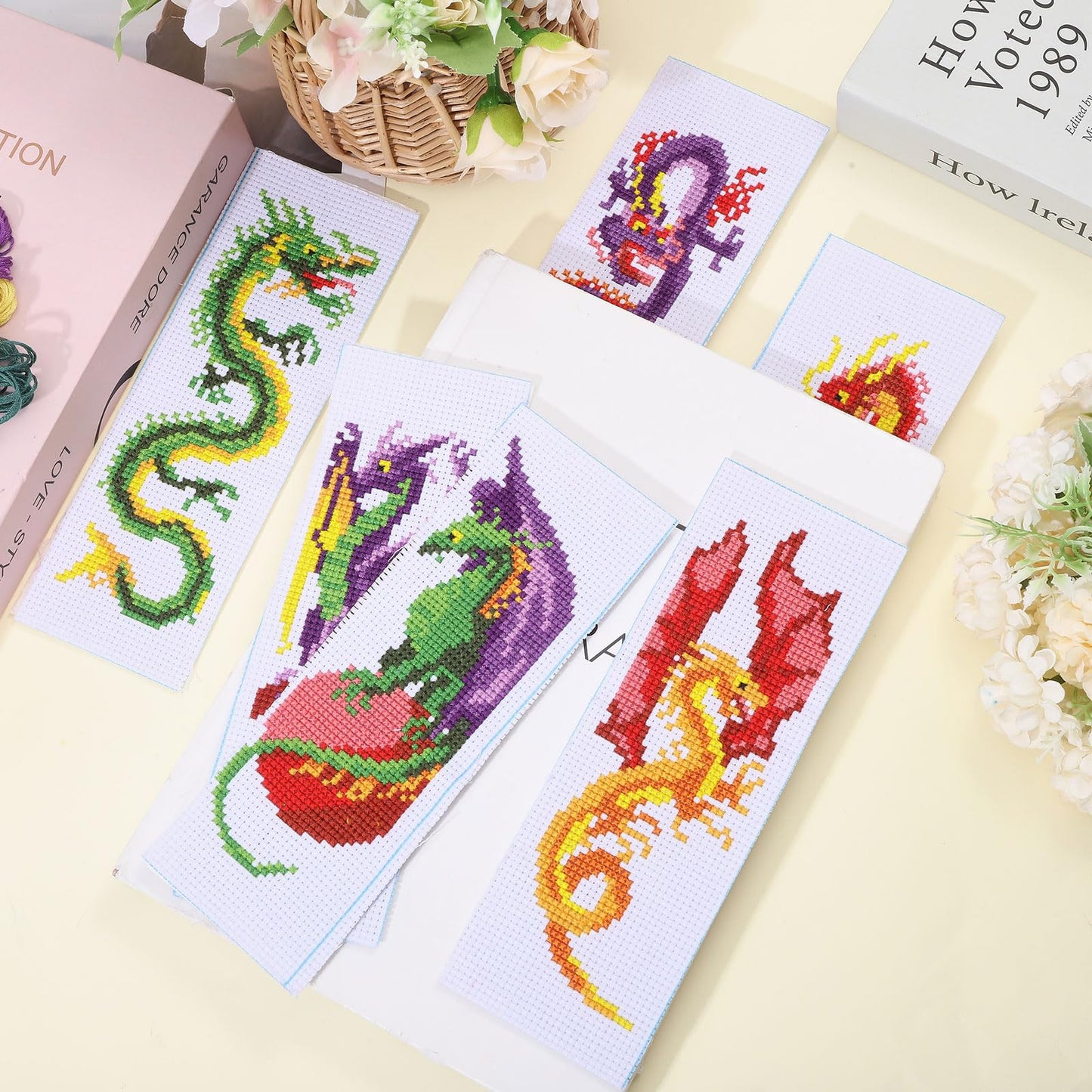 6 Pcs Cross Stitch Bookmark Kit for Beginner Dragon Pattern Stamped Embroidery Stitch Kits for Starter DIY Bookmarks Printed Cross Stitch Kits with 13 Colors Embroidery Floss