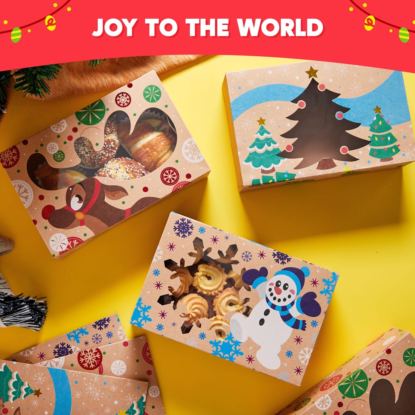 JOYIN 36PCS Christmas Cookie Boxes for Gift Giving, 8.5" x 5.75" x 2.75" Xmas Holiday Treat Cookie Tin with Window, 3 Designs Brown Foiled Kraft Bakery Boxes for Pastries, Cupcakes, Brownies, Doughnut