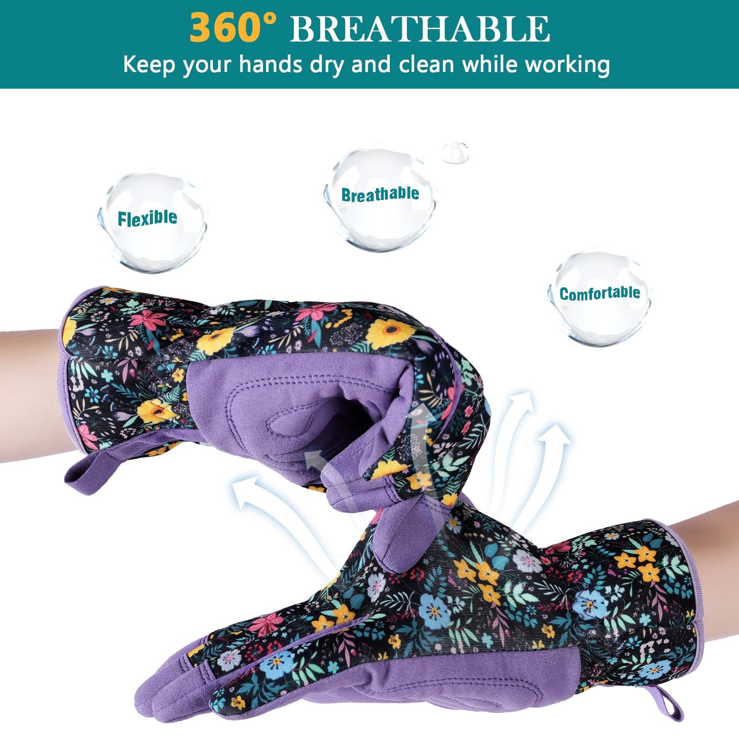 Garden Gloves for Women - Breathable leather Floral Gardening Gloves with Grip, Thorn-Proof Puncture-Resistant Work Gloves for Weeding, Digging, Planting, Raking and Pruning, Purple - Flower