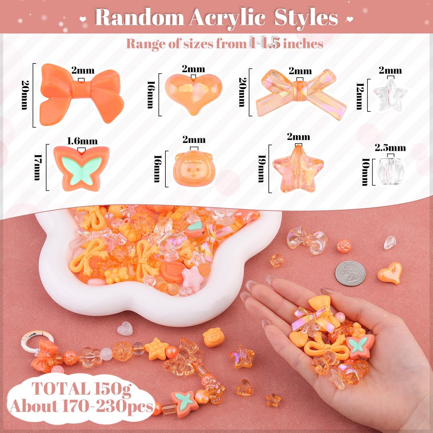 TINKRSTUFF Assorted 170-230PCS Orange Acrylic Beads for Bracelet Making, Flower Bow Butterfly Candy GummyBear Aesthetic Bracelet Charms,Cute Beads for Jewelry Making DIY Necklace Keychain Phone Charm