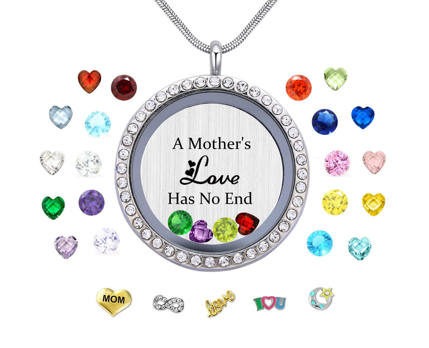 Veeshy A Mothers Love Has No End Floating Locket Necklace Pendant with Charms & 24PCS Birthstones, Mother's Day Birthday Xmas Gifts