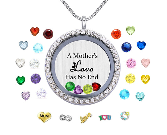 Veeshy A Mothers Love Has No End Floating Locket Necklace Pendant with Charms & 24PCS Birthstones, Mother's Day Birthday Xmas Gifts
