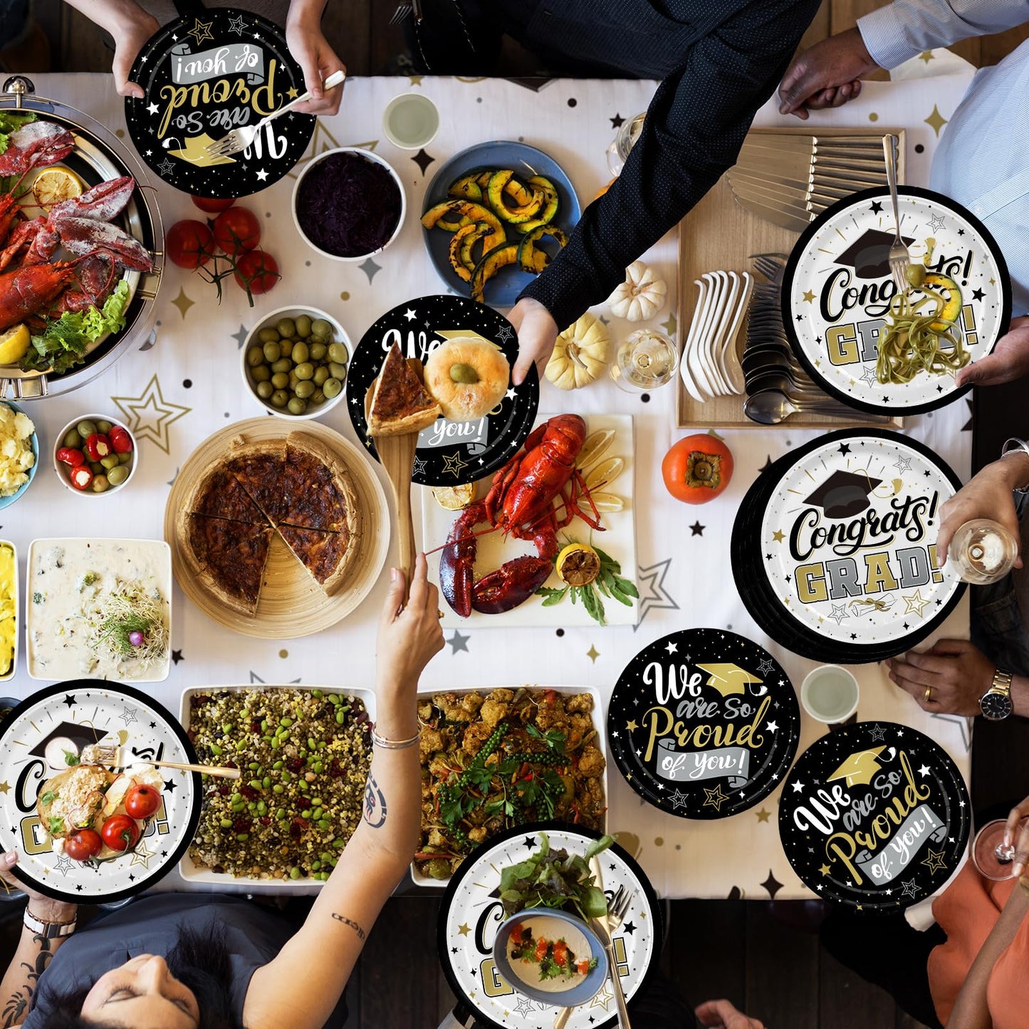 Graduation Decorations 2025 Black and Gold Grad Party Supplies with Disposable Plates, Napkins, Tablecloth, Cups and Congrats Grad Banner for 24 Guests - Graduation Party Decorations