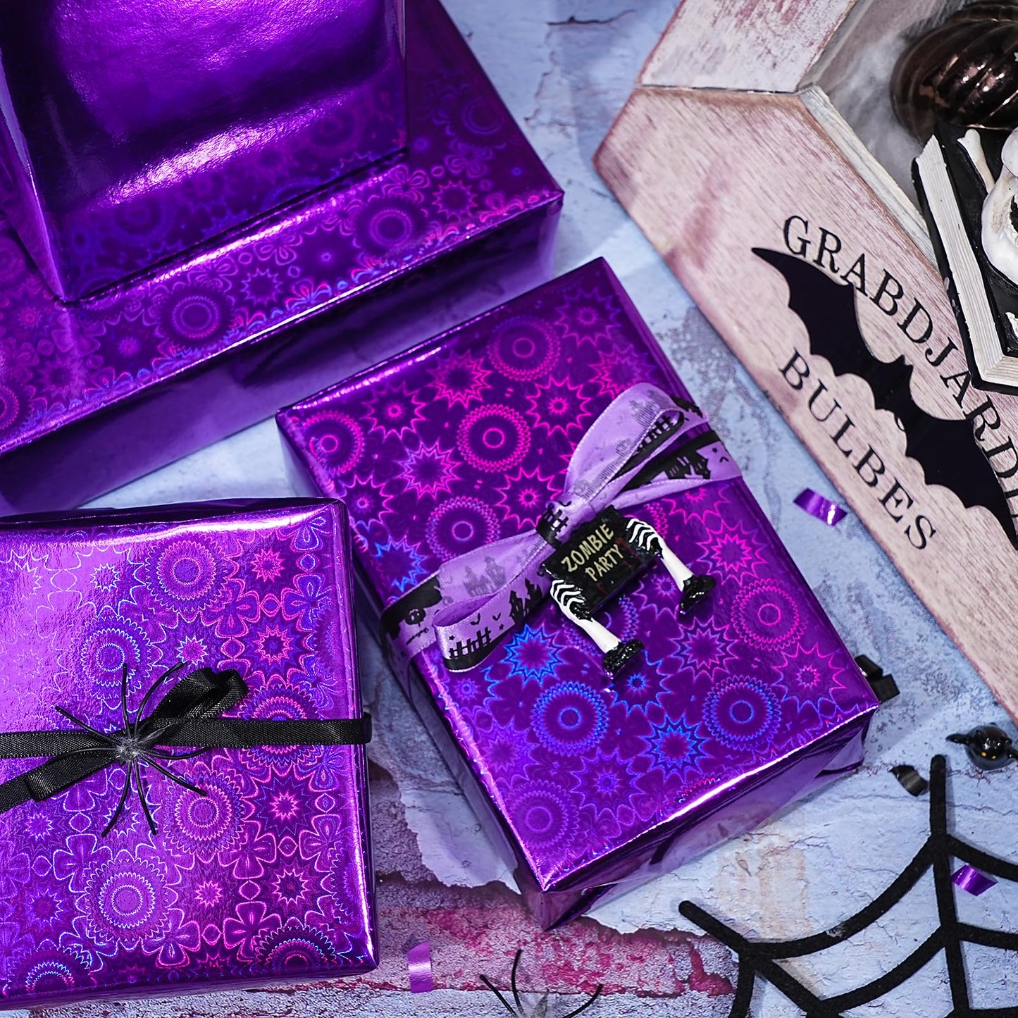 Purple Wrapping Paper Roll - Mini Roll - 17 Inch x 16.5 Feet - Dark Purple Metallic Holographic Wrapping Paper for Halloween, Fall Party, Birthday, Wedding, Baby Shower