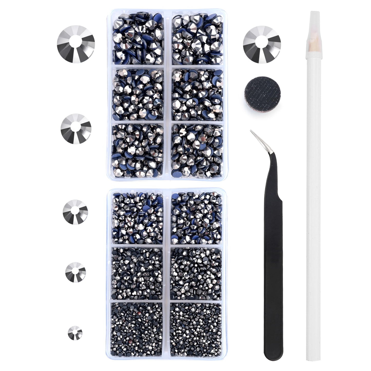 MEIBITE 6796PCS Grey Hematite Hotfix Rhinestones Crystal Stones Glass for Fabric Clothes Shirts Sparkly Flat Back Round with Tweezers and Picking Pen (SS6~SS30 Set)
