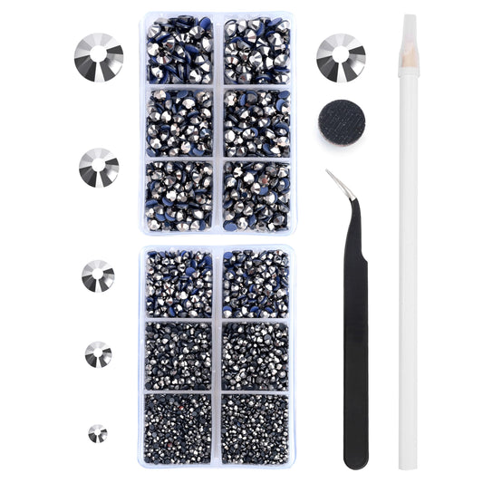 MEIBITE 6796PCS Grey Hematite Hotfix Rhinestones Crystal Stones Glass for Fabric Clothes Shirts Sparkly Flat Back Round with Tweezers and Picking Pen (SS6~SS30 Set)