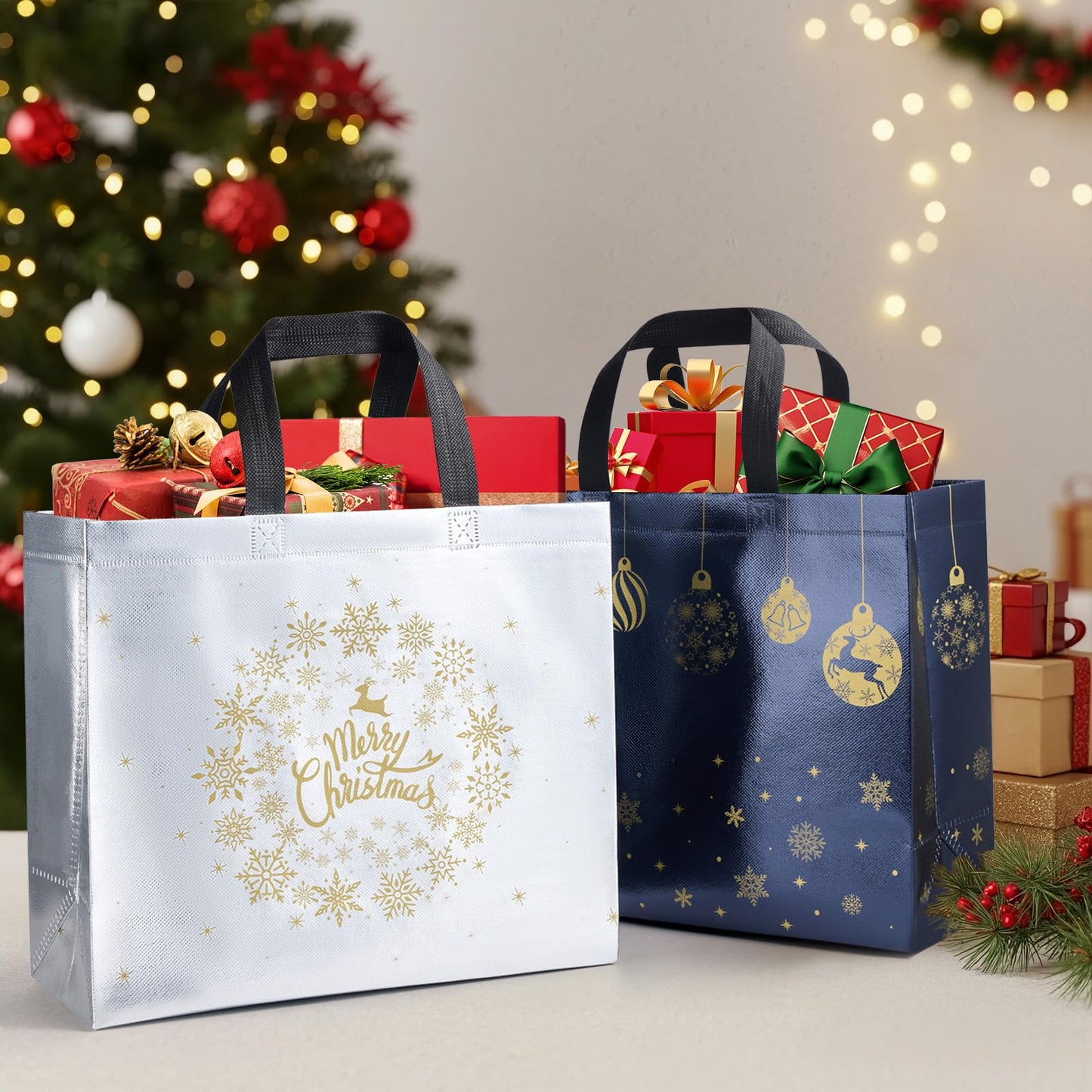 16 Pack 13" Large Christmas Gift Bags With Tissue Paper, Reusable 4 Unique Designs Christmas Bags with Handle for Gifts Wrapping Shopping Xmas Party Supplies(13" x 11" x 5")
