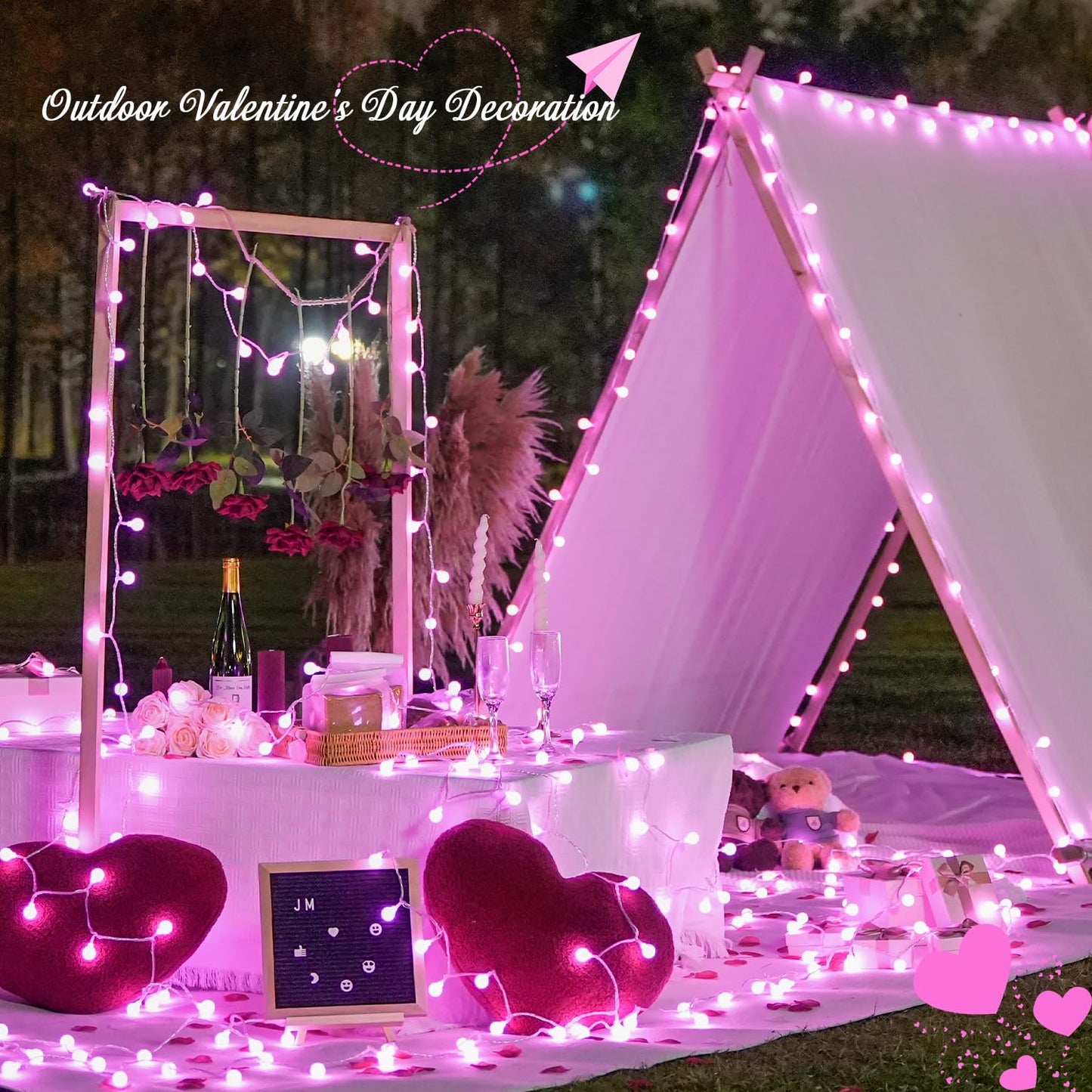 100 LED Pink Valentine Lights Indoor,33 ft Connectable Globe String Lights Plug in, 8 Mode Fairy String Light with Remote for Bedroom Girl Room Anniversary Party Valentines Day Decorations