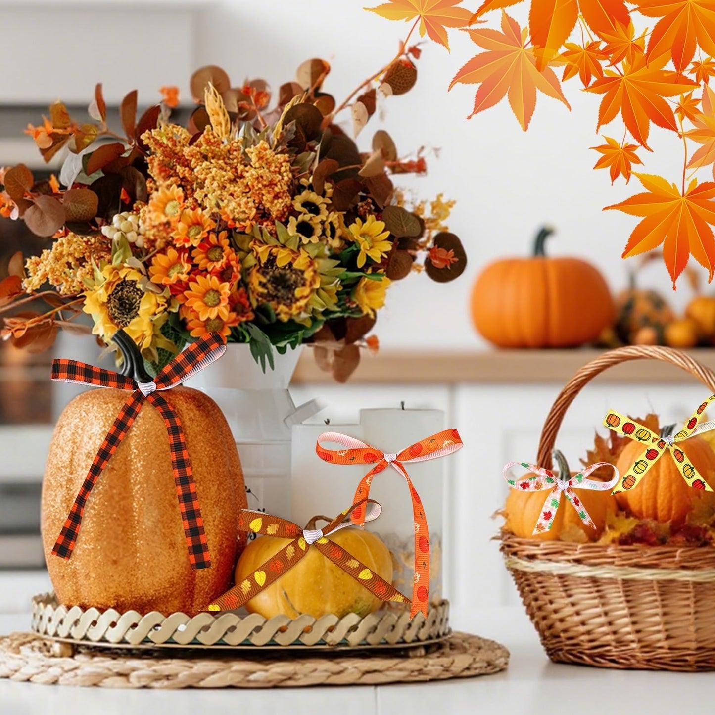 DECYOOL Fall Ribbon, 6 Rolls 60 Yards Autumn Thanksgiving Grosgrain Ribbons 10 mm Wide Orange Pumpkin Maple Leaf Ribbon for Gift Wrapping Bow Wreath