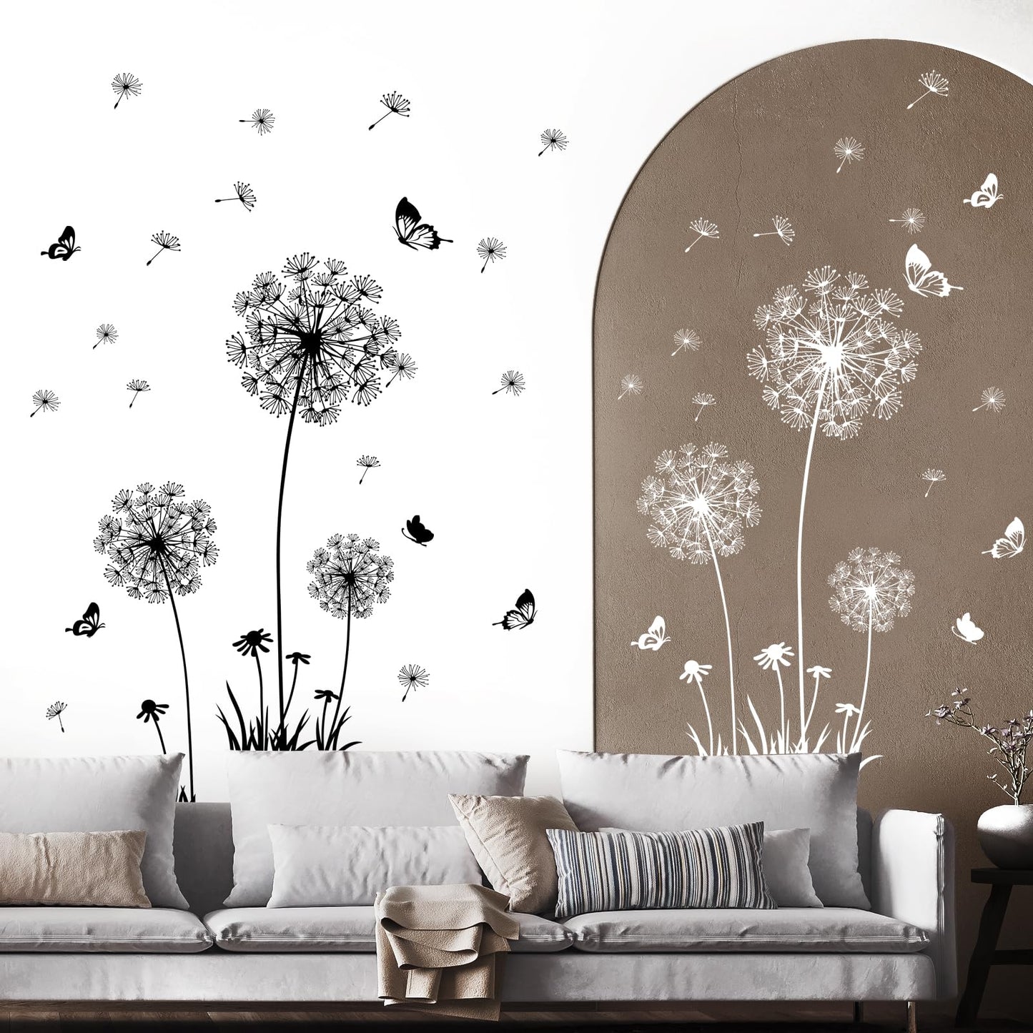 Supzone Dandelion Wall Stickers Flower Wall Decals Butterflies Flying Wall Decors Art Stickers for Bedroom Living Room Sofa Backdrop TV Wall Decor (White Black)