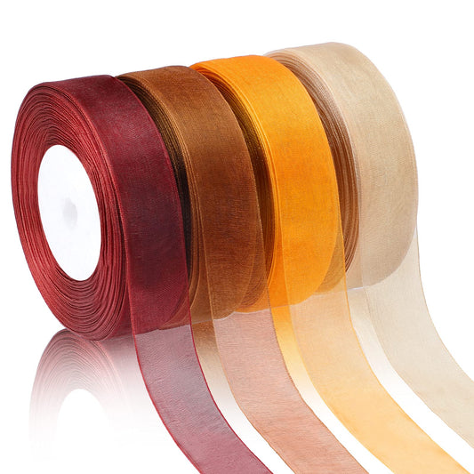 4 Rolls Fall Sheer Chiffon Ribbon 200 Yards Autumn Pure Color Fabric Polyester Wrapping Ribbon Transparent Organza Gift Wrapping for Thanksgiving Presents Party Decor(1'' Wide)